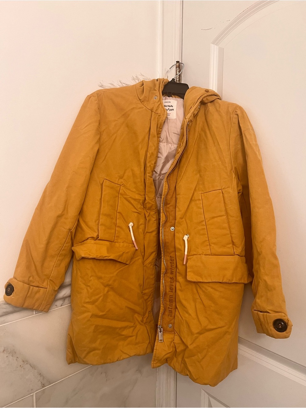 Zara Mustard Yellow Kids Puffer Parka with Hood size 13/14 years